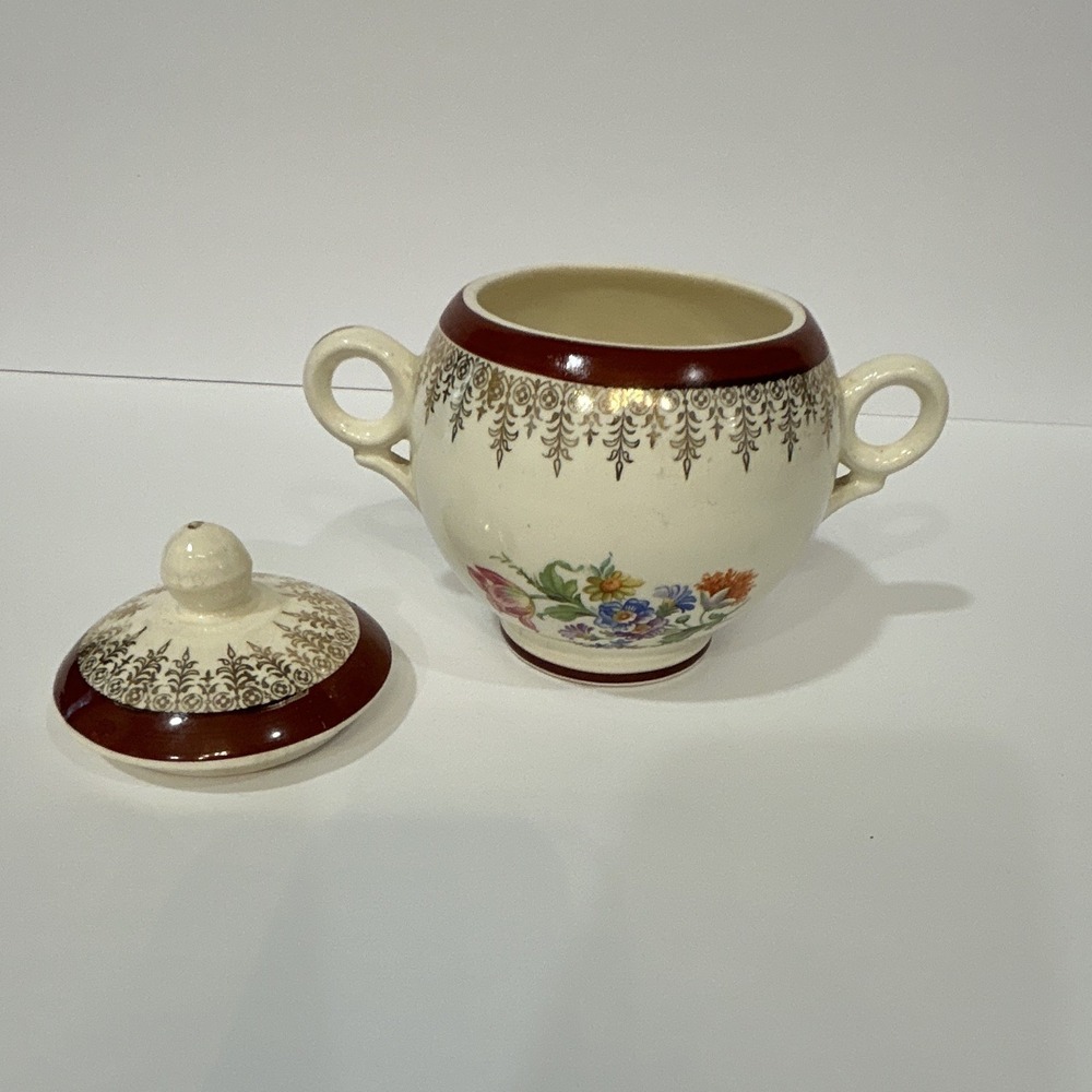 Glazed Ceramic Floral Sugar Bowl w/ Lid & Handles, White/Brown Multicolor